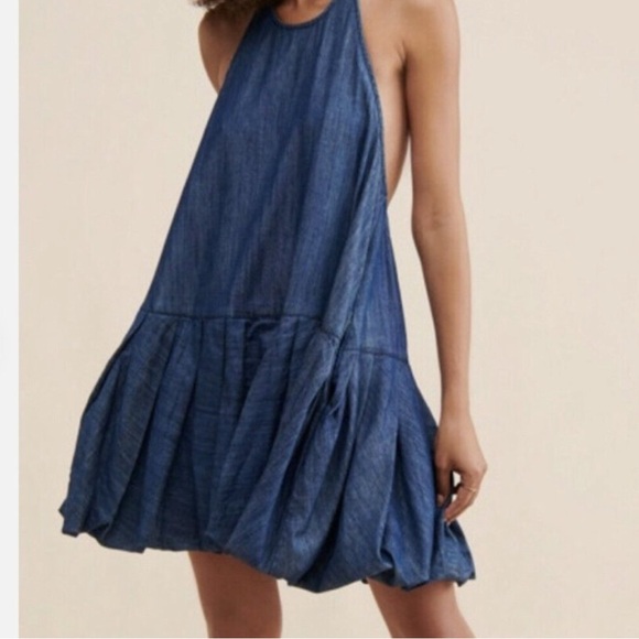 Free People Denim Bubble Mini Dress Halter Ruffle Cotton Backless S - Picture 1 of 12